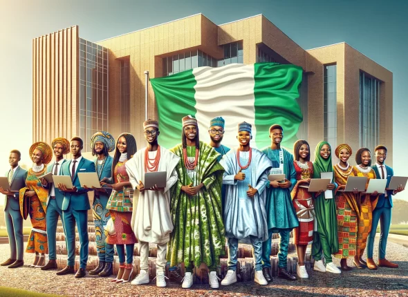 DALL·E 2024-03-22 11.28.37 - Create an image of a group of young Nigerian tech scholars outside a modern university building, with the Nigerian flag prominently displayed. The sch